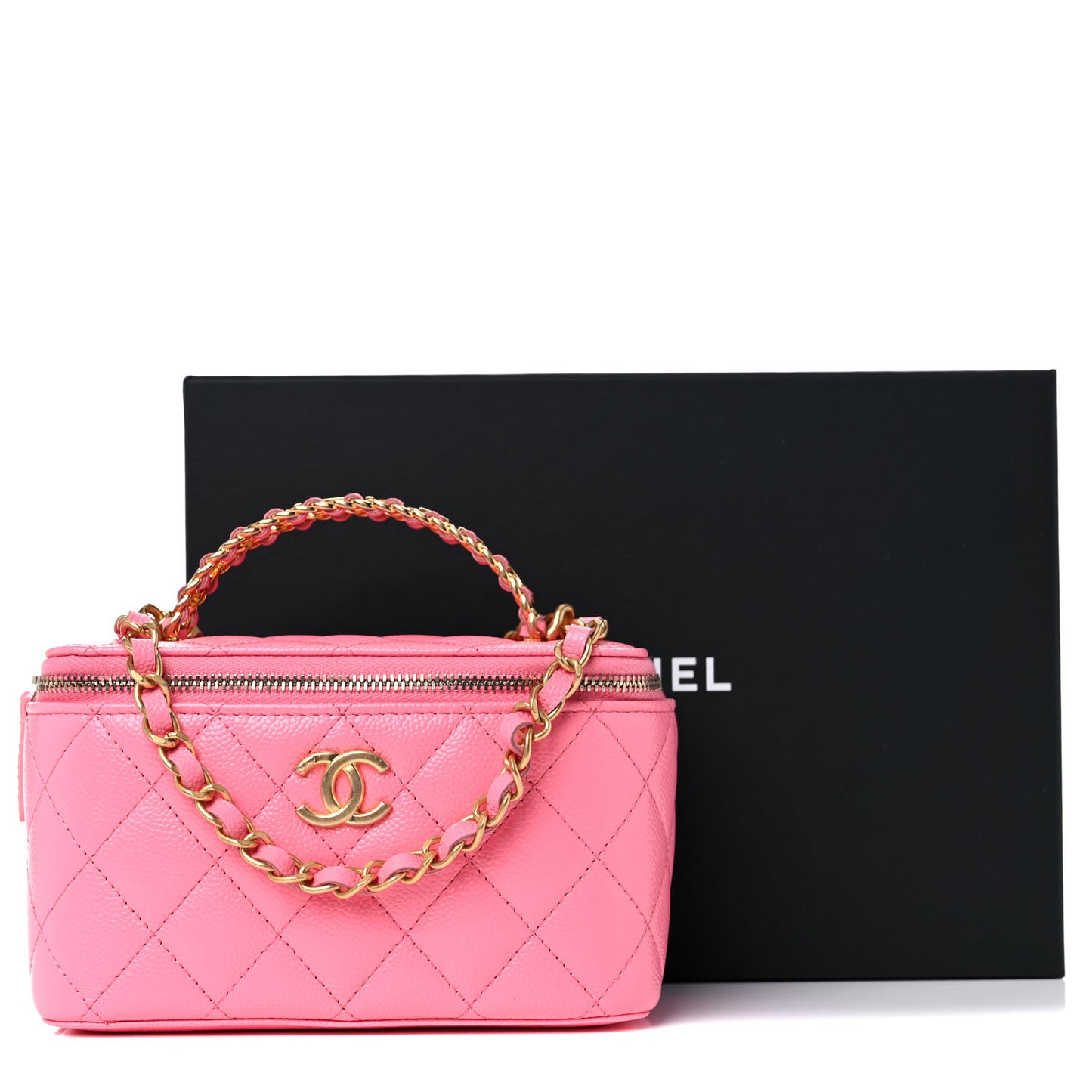 Shiny Caviar Quilted Pick Me Up Vanity Case Pink