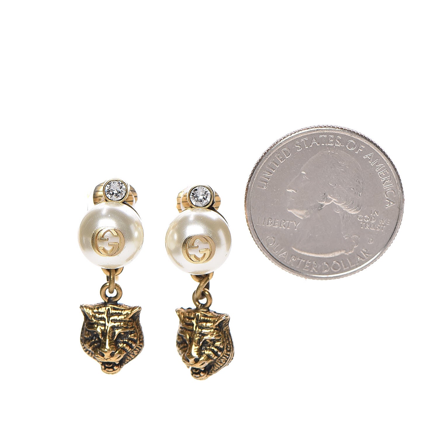 Gucci Metal Crystal Resin Pearl Feline Clip On Earrings Aged Gold 2 of 5