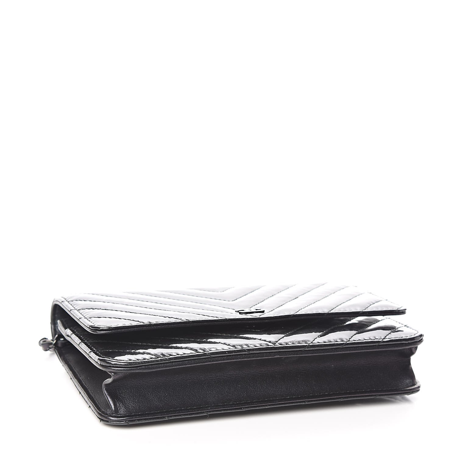 Chanel Patent Metallic Crumpled Calfskin Chevron Quilted Wallet On Chain WOC Black 4 of 13