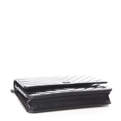 Chanel Patent Metallic Crumpled Calfskin Chevron Quilted Wallet On Chain WOC Black 4 of 13