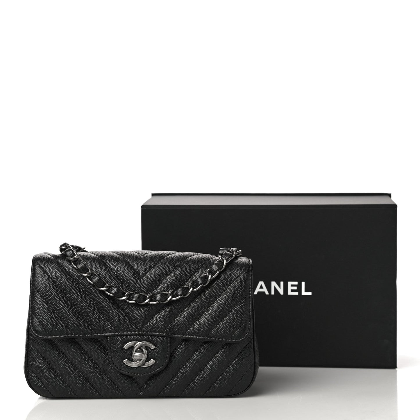 Caviar Chevron Quilted Mini Rectangular Flap Black