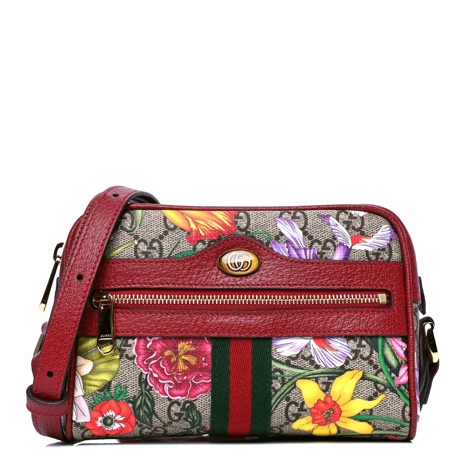 Gucci GG Supreme Monogram Flora Web Mini Ophidia Shoulder Bag Red 1 of 4