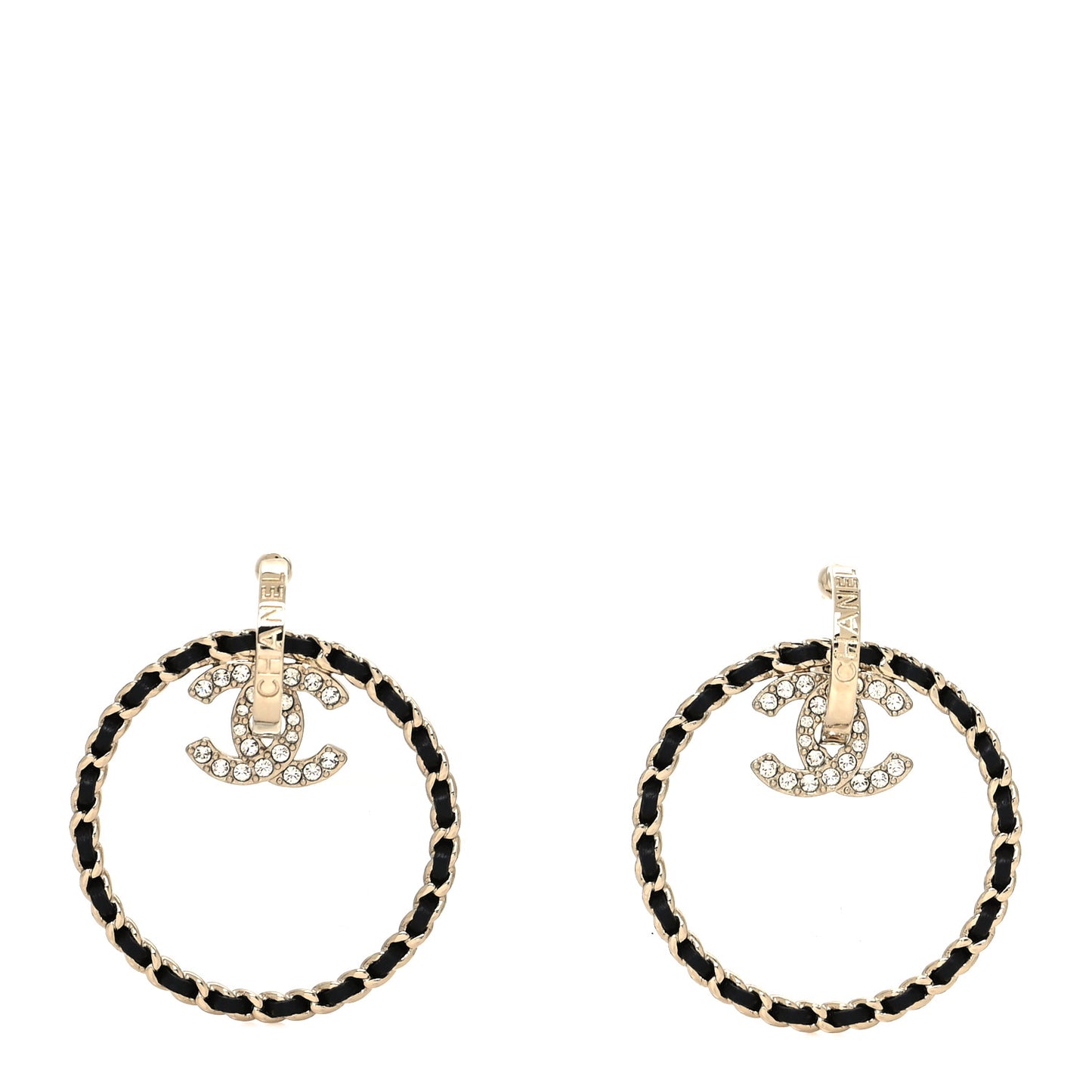 Crystal Lambskin CC Chain Hoop Earrings Gold Black