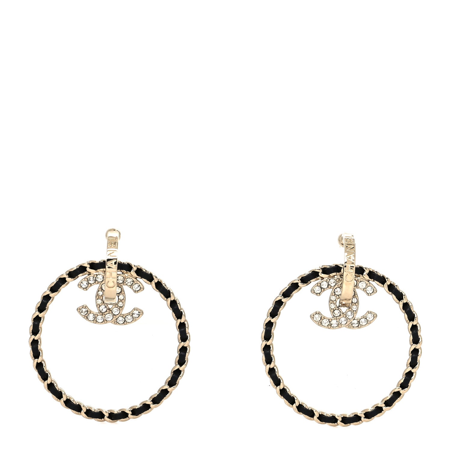 Chanel Crystal Lambskin CC Chain Hoop Earrings Gold Black 1 of 4