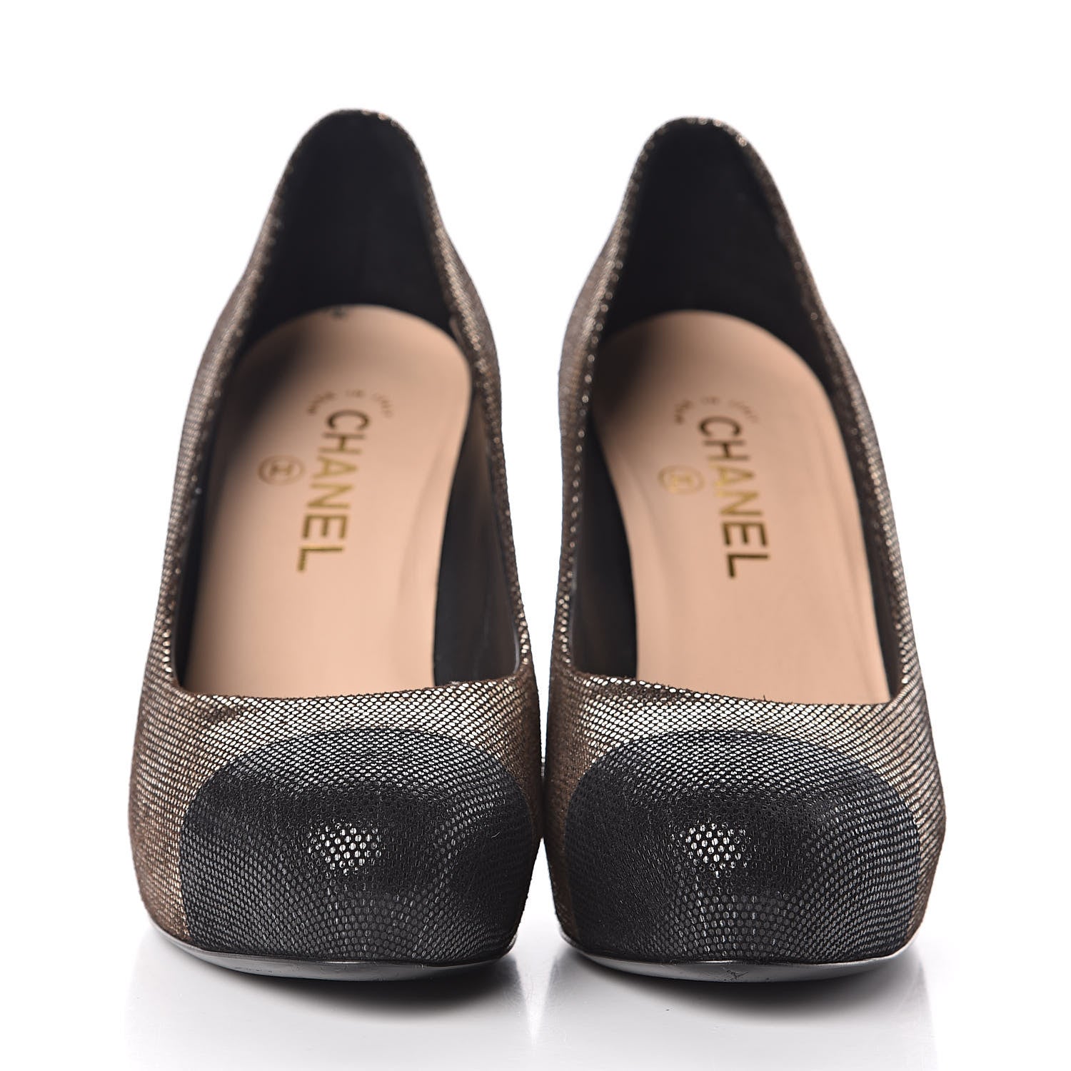 Chanel Metallic Fabric CC Cap Toe Pumps 38 Silver Black 2 of 8