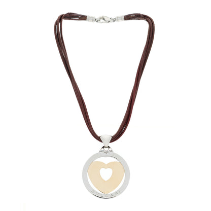 Bulgari Stainless Steel 18K Yellow Gold Calfskin Tondo Heart Pendant Necklace Brown 3 of 8