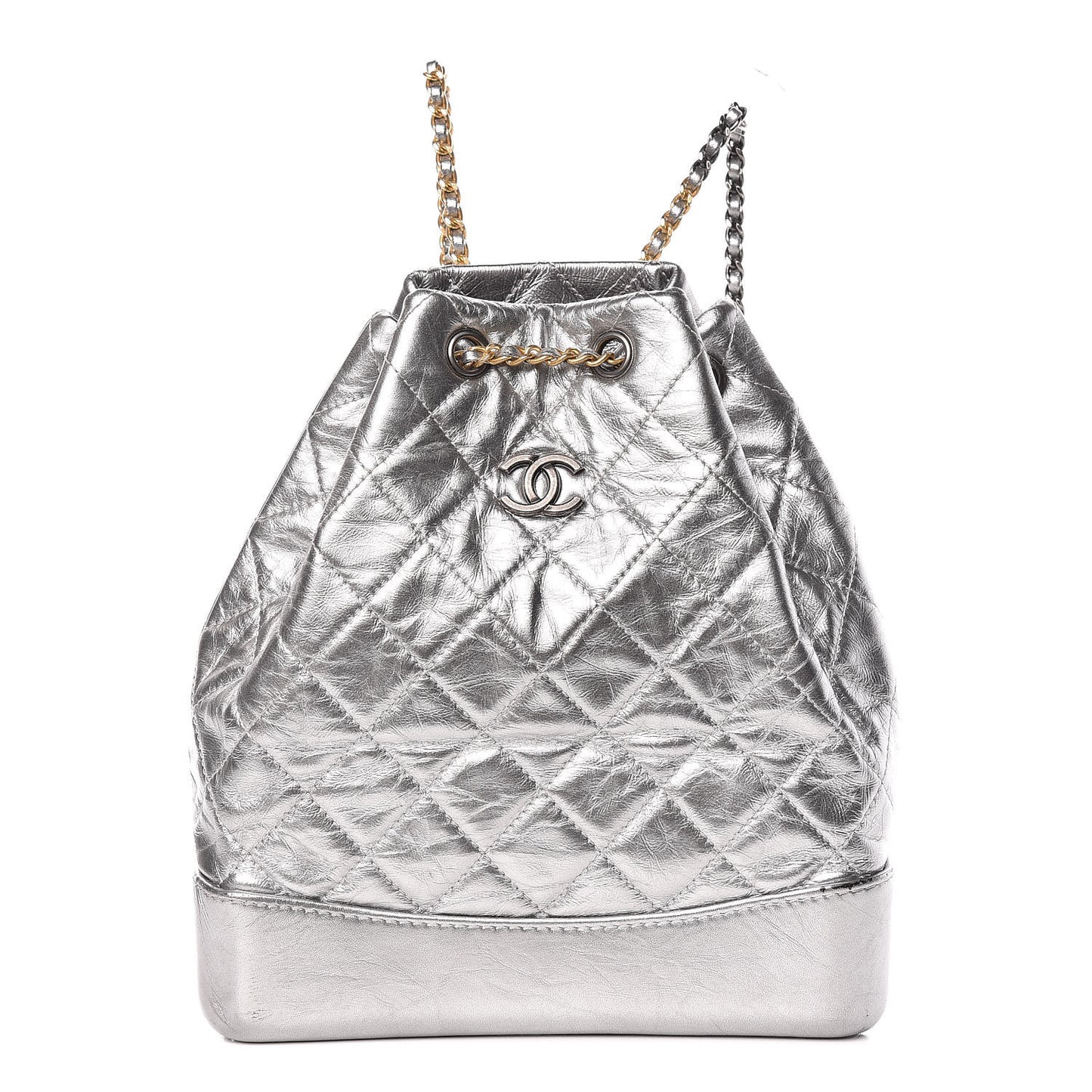 Metallic Crumpled Calfskin Quilted Gabrielle Backpack Silver