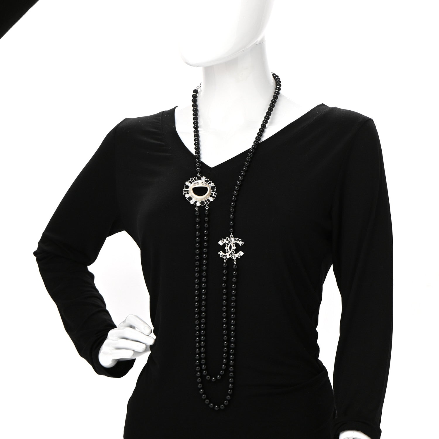 Chanel Bead Crystal Multi Strand CC Smiley Emoji Necklace Silver Black 2 of 6