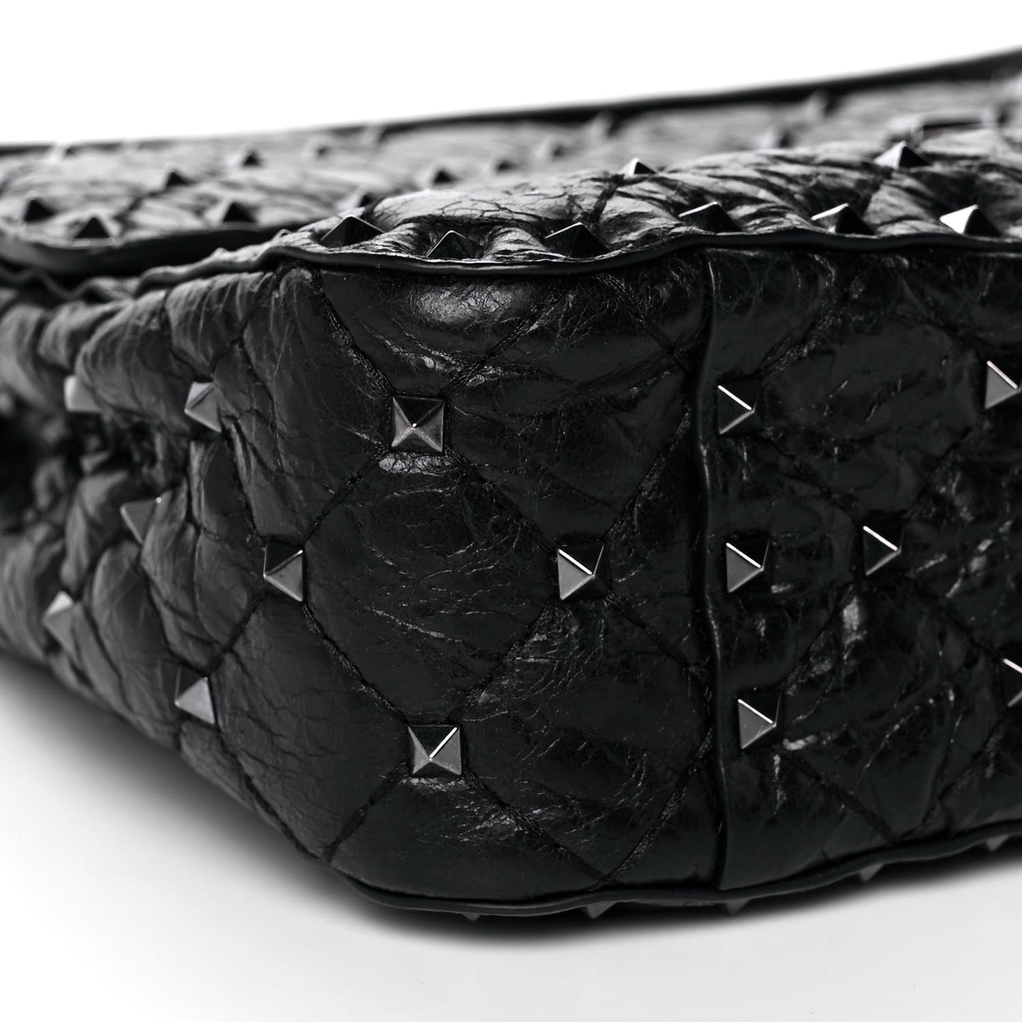 Craquele Nappa Medium Rockstud Spike Shoulder Bag Black