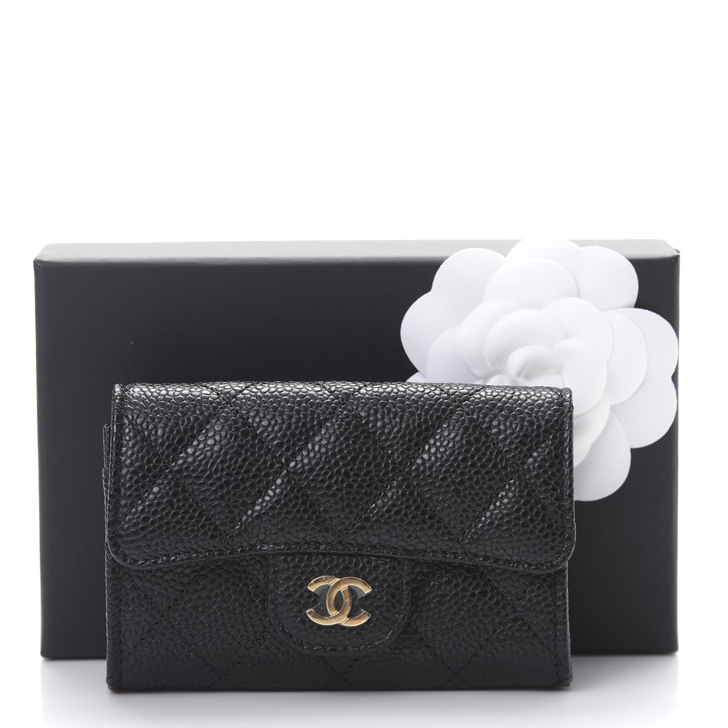 Caviar Quilted Flap Card Holder Wallet Black