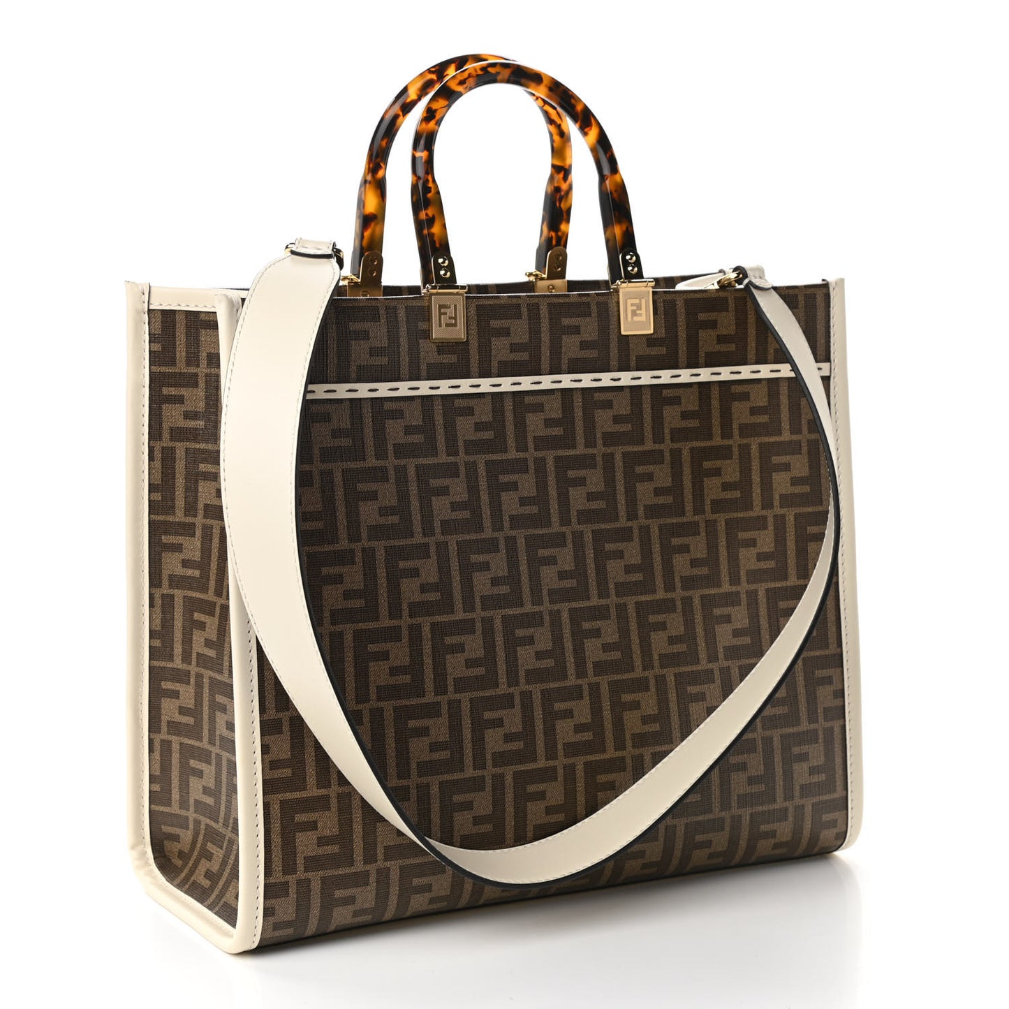 Glazed Fabric Vitello King Plexiglass FF 1974 Logo Hairdo Girls Inlay Medium Fendi Sunshine Shopper Tote Mogano Panna Multicolor