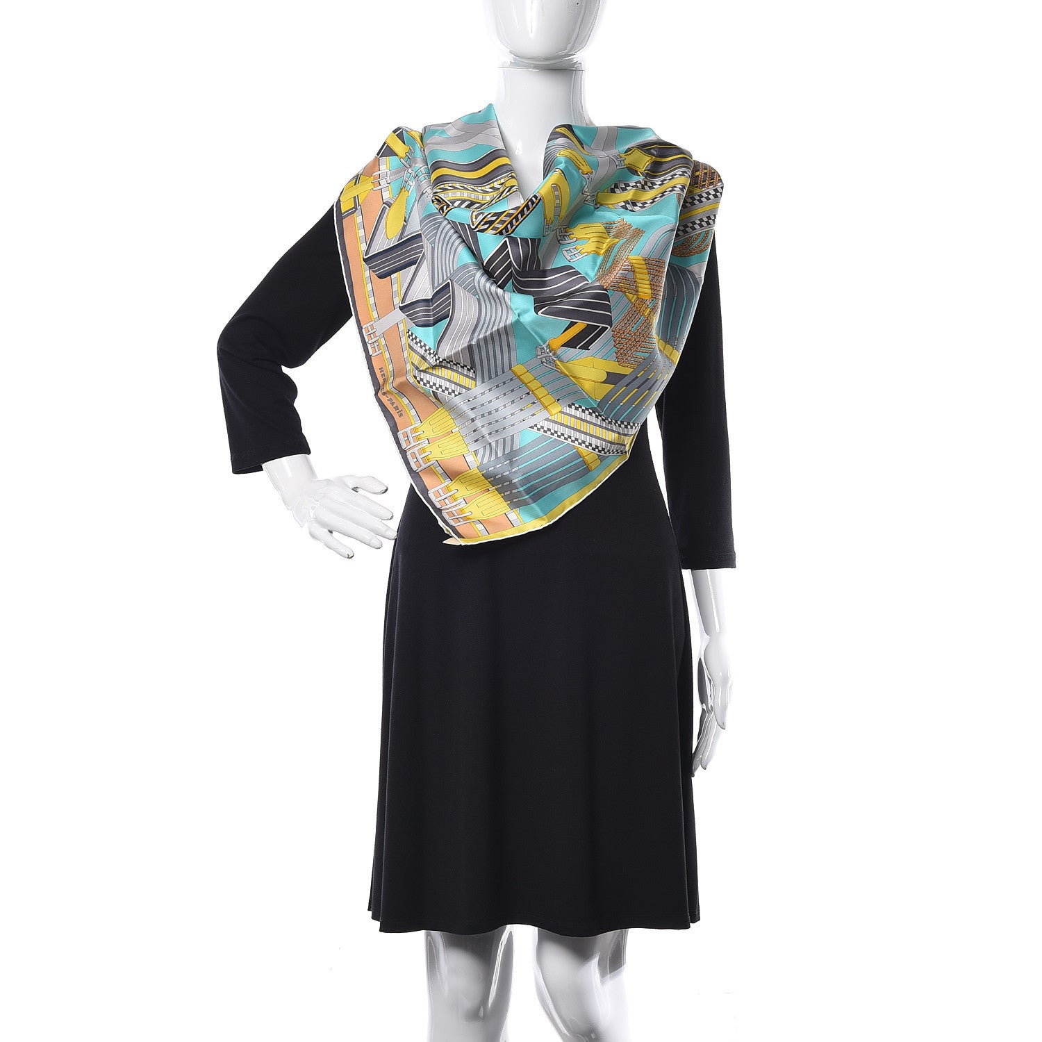 Hermes Silk Sangles En Zigzag Scarf 90 Turquoise Beige Gris 2 of 5