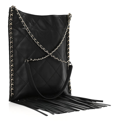 Chanel Calfskin Quilted Fringe Small Shopping Bag Black 3 of 11