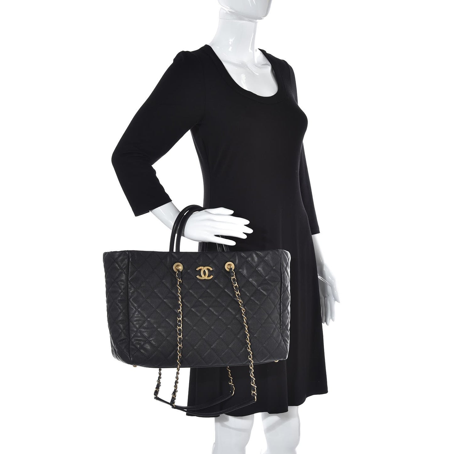 Caviar Quilted Large Coco Handle Shopping Tote Black