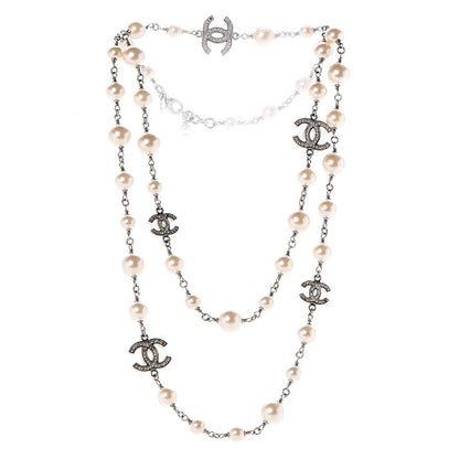 Chanel Crystal Pearl CC Long Necklace Silver 3 of 7