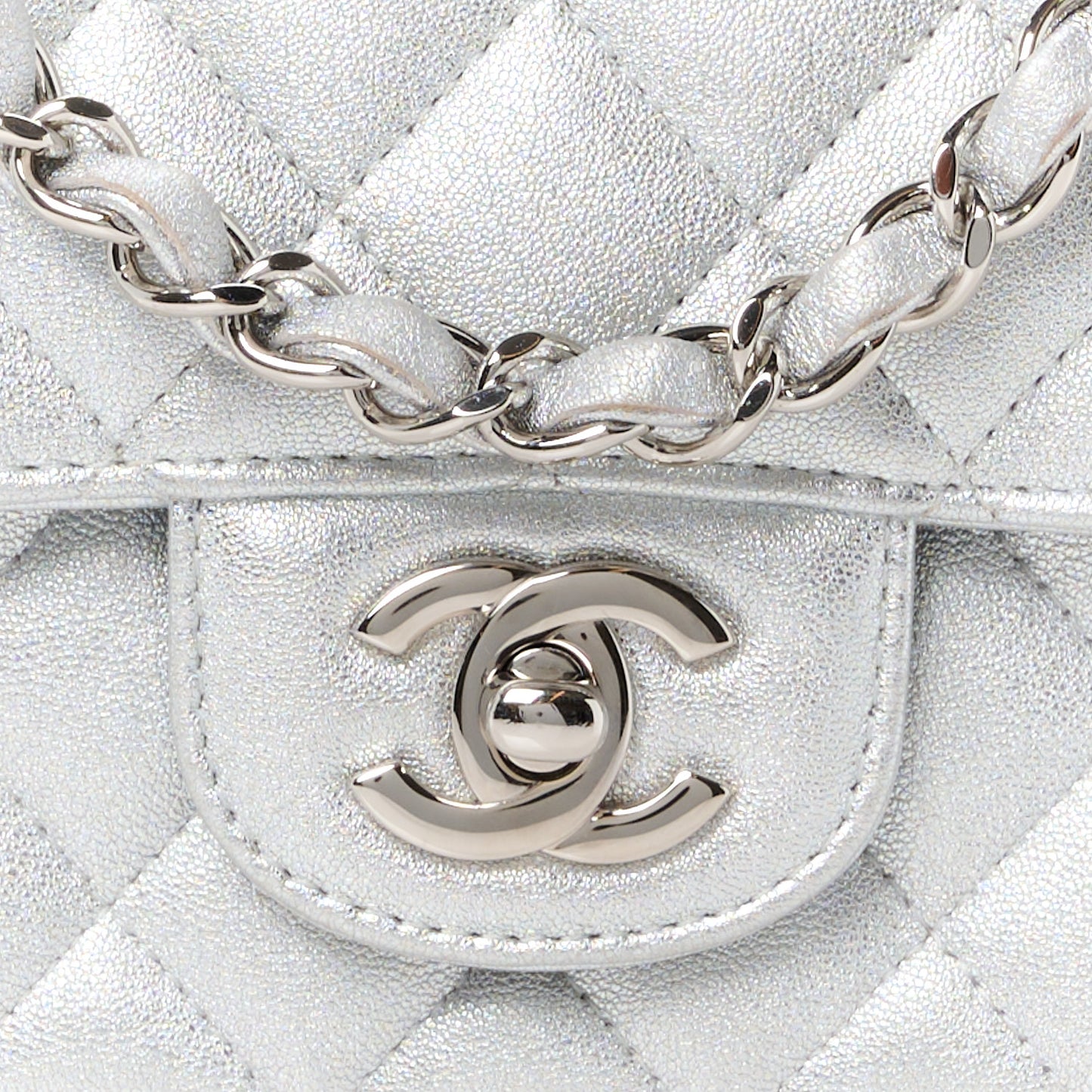 Metallic Lambskin Quilted Mini Rectangular Flap Silver