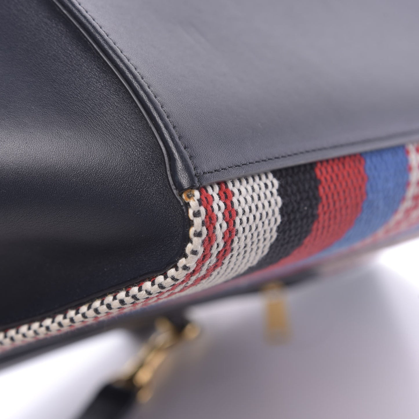Smooth Calfskin Textile Striped Medium Trapeze Navy Blue