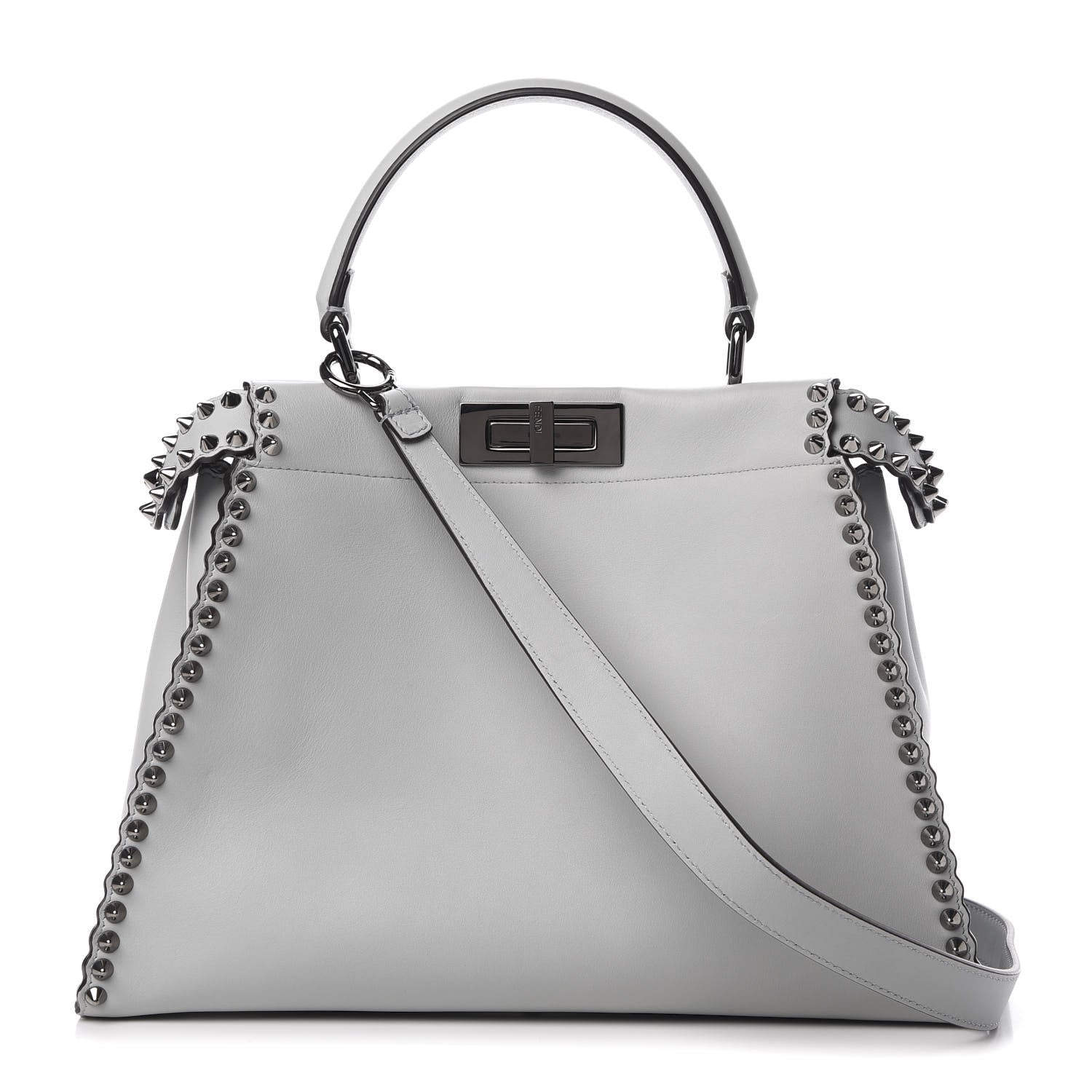 Fendi Vitello Seta Shiny Nappa Scalloped Studded Medium Peekaboo Iconic Satchel Grigio Perla 1 of 13