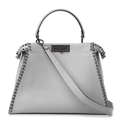 Fendi Vitello Seta Shiny Nappa Scalloped Studded Medium Peekaboo Iconic Satchel Grigio Perla 1 of 13