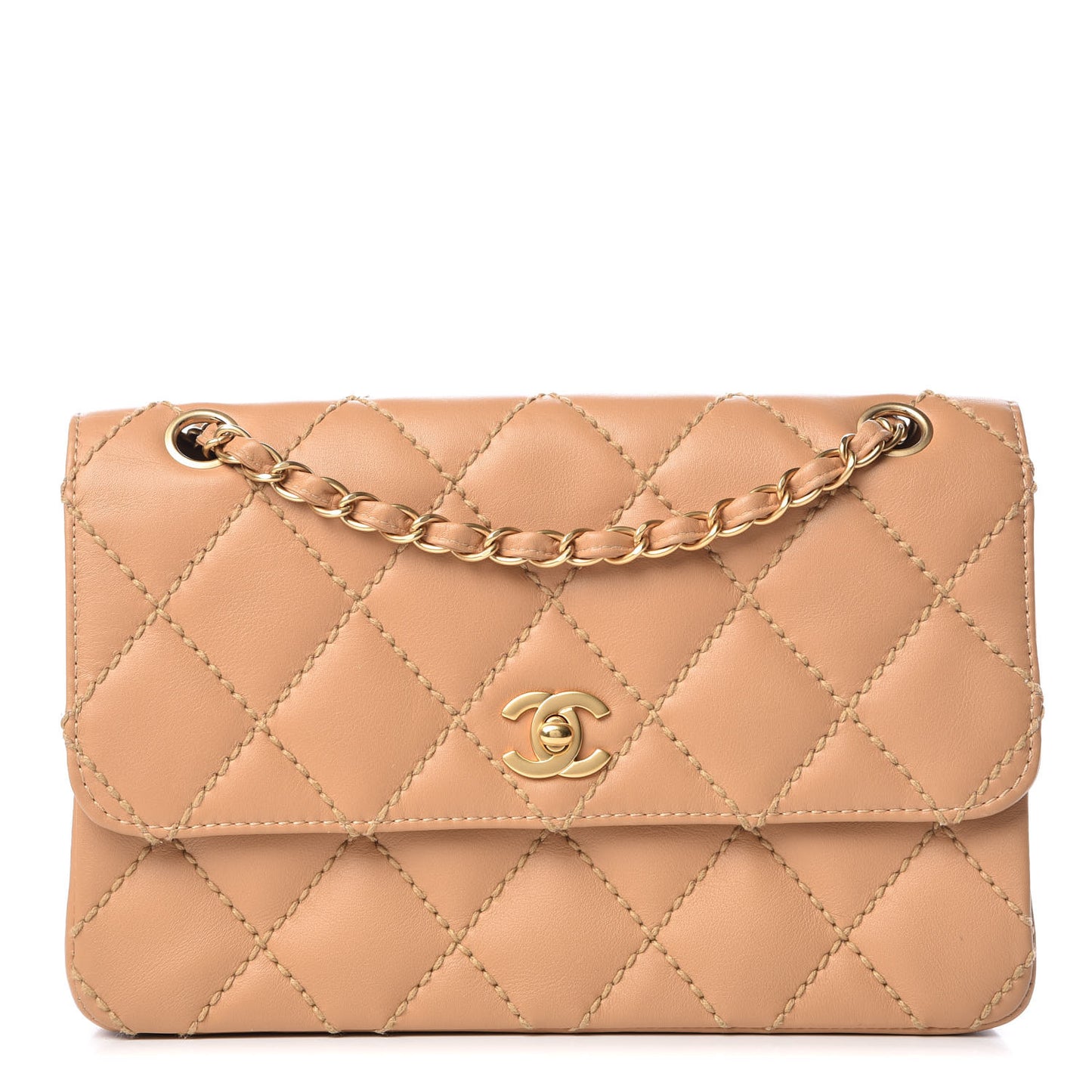 Calfskin Quilted Medium Wild Stitch Flap Beige