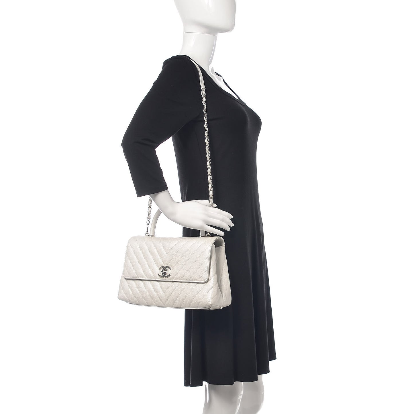 Iridescent Caviar Chevron Quilted Small Coco Handle Flap White