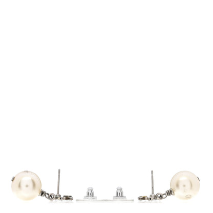 Chanel Crystal Pearl CC Drop Earrings Silver Pearly White 3 of 4