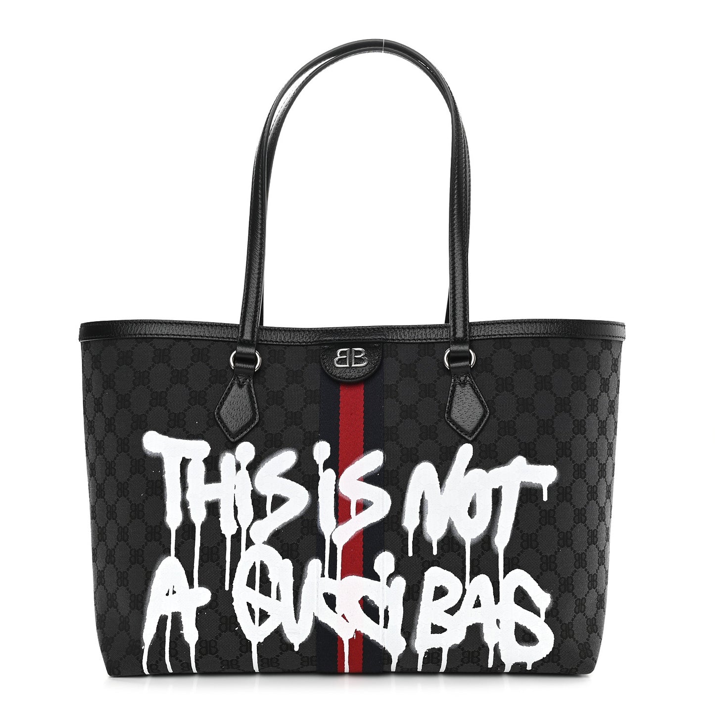 X BALENCIAGA BB Monogram Web Graffiti Medium Ophidia Shopping Tote Black