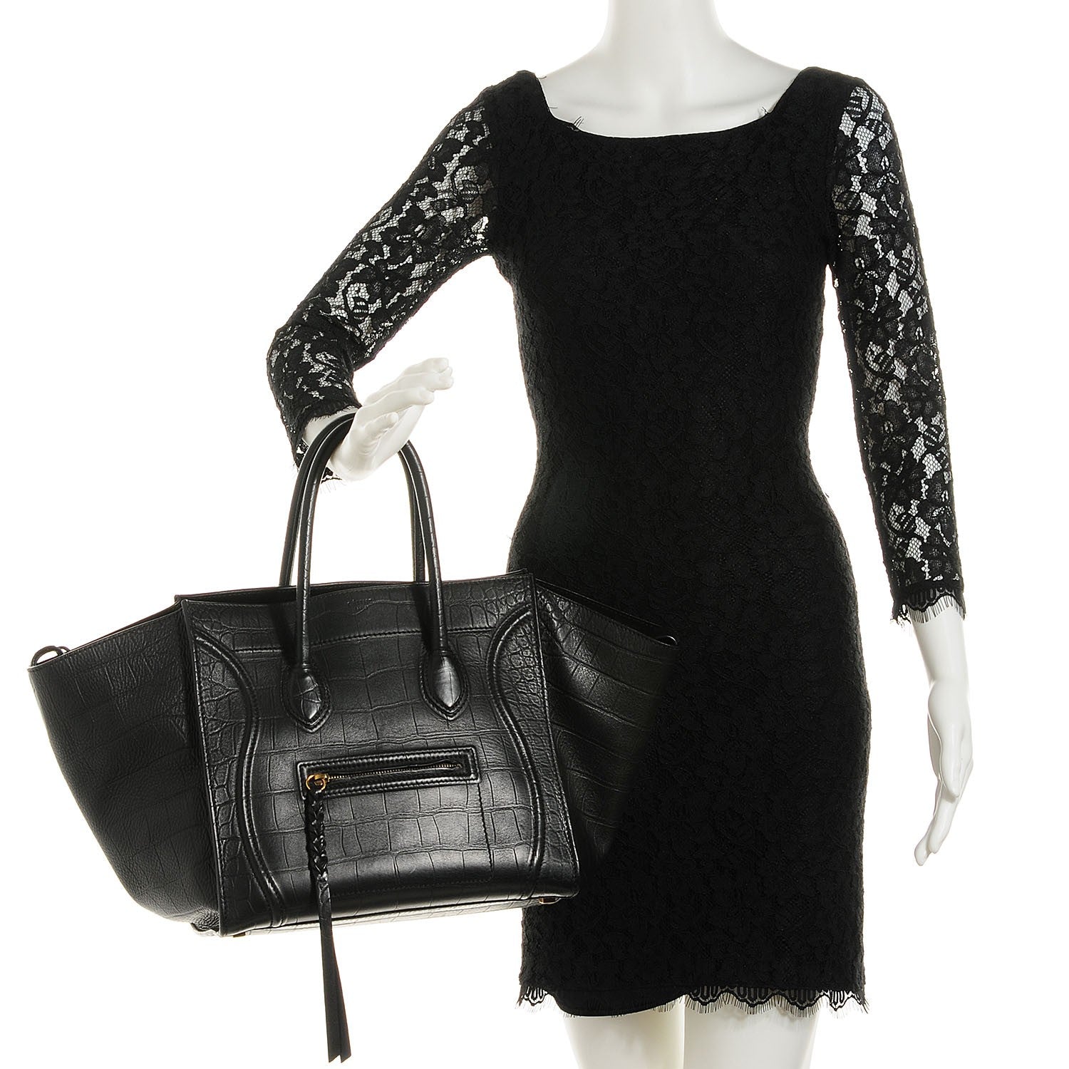 Celine Crocodile Embossed Calfskin Medium Phantom Luggage Black 2 of 9