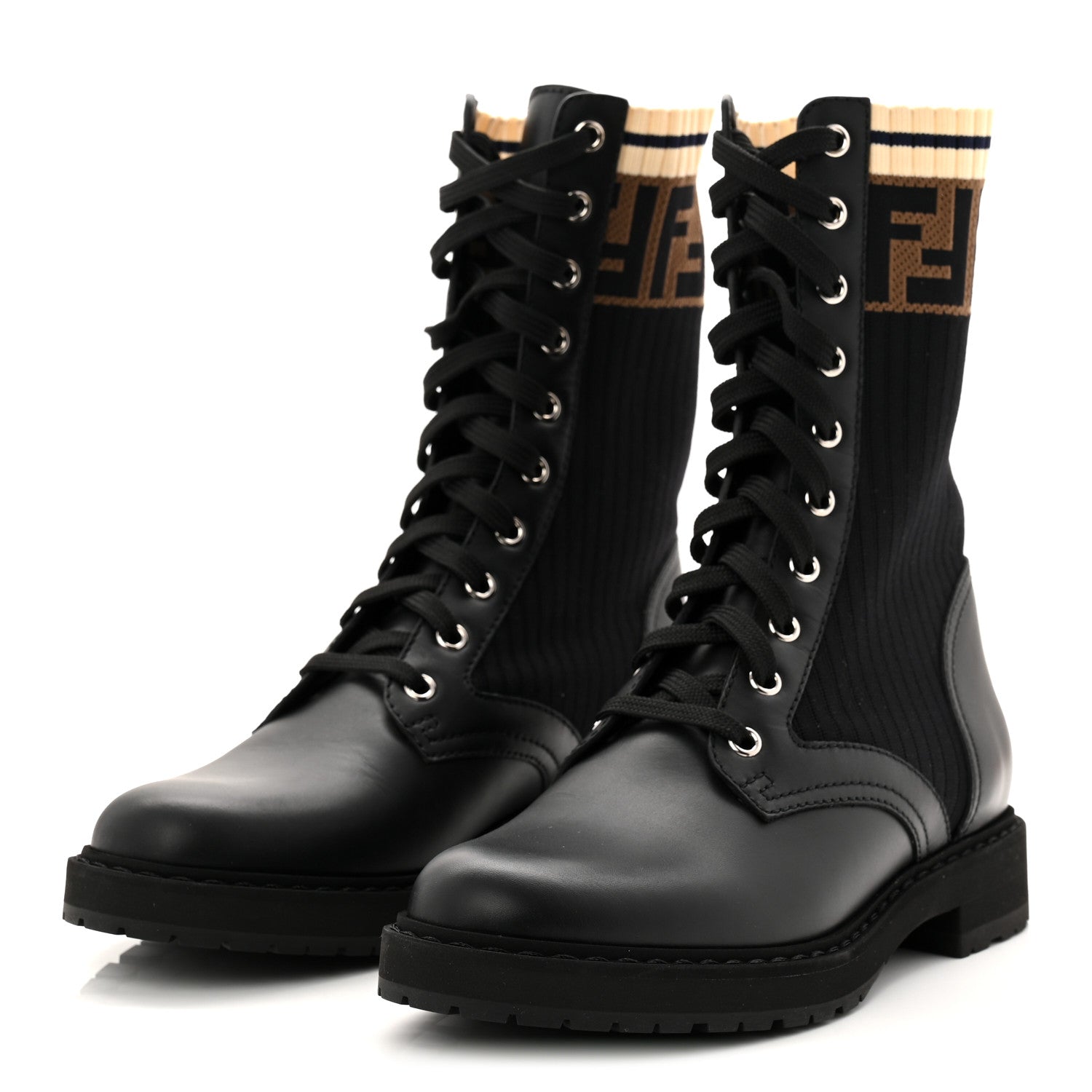 Fendi Calfskin Stretch Fabric Rockoko Biker Boots 37 Tobacco Black Marino 4 of 9
