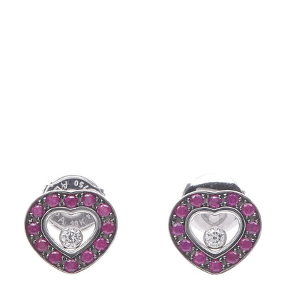 Chopard 18K White Gold Diamond Ruby Happy Diamonds Heart Earrings 1 of 6
