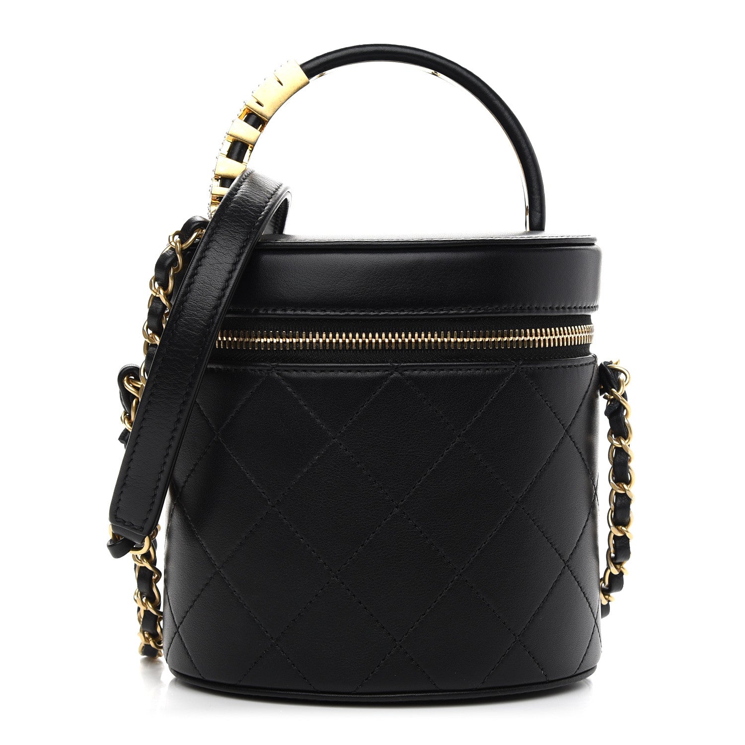 Chanel Lambskin Quilted Top Handle Round Logo Vanity Case With Chain Black 1 of 9