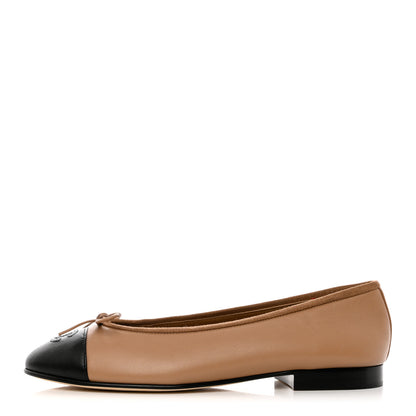 Chanel Lambskin Cap Toe CC Ballerina Flats 37 Beige Black 1 of 10