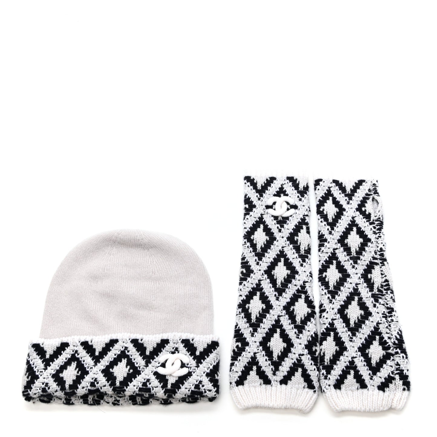 Cashmere Blend CC Beanie Hat With Gloves Set White Navy Blue