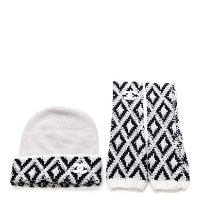 Chanel Cashmere Blend CC Beanie Hat With Gloves Set White Navy Blue 1 of 5