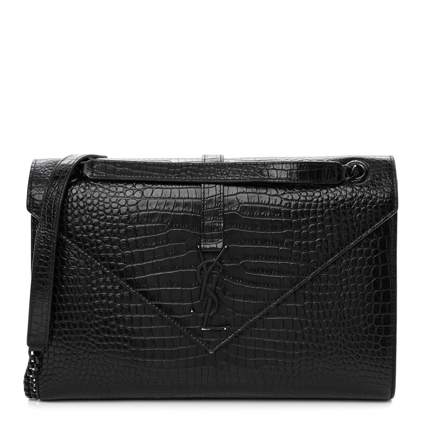 Calfskin Crocodile Embossed Monogram Large Satchel Black