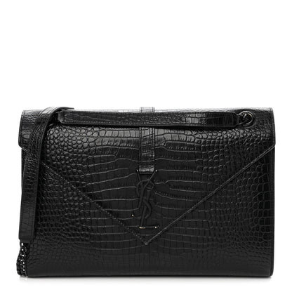 Saint Laurent Calfskin Crocodile Embossed Monogram Large Satchel Black 1 of 15