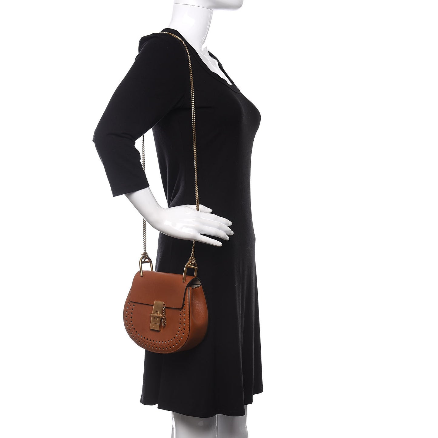 Calfskin Perforated Mini Drew Shoulder Bag Caramel