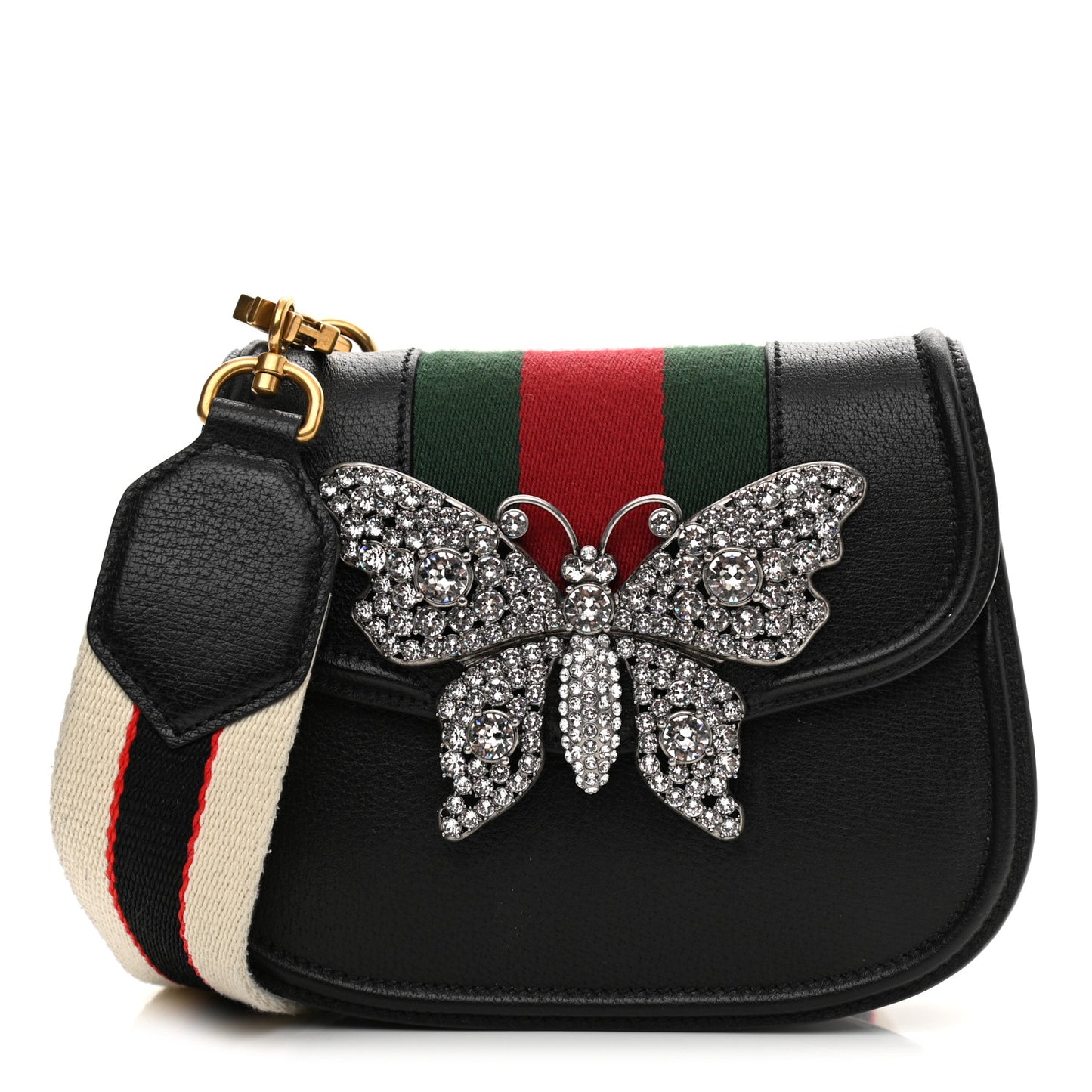 Calfskin Web Crystal Butterfly Stripe Small Totem Shoulder Bag Black