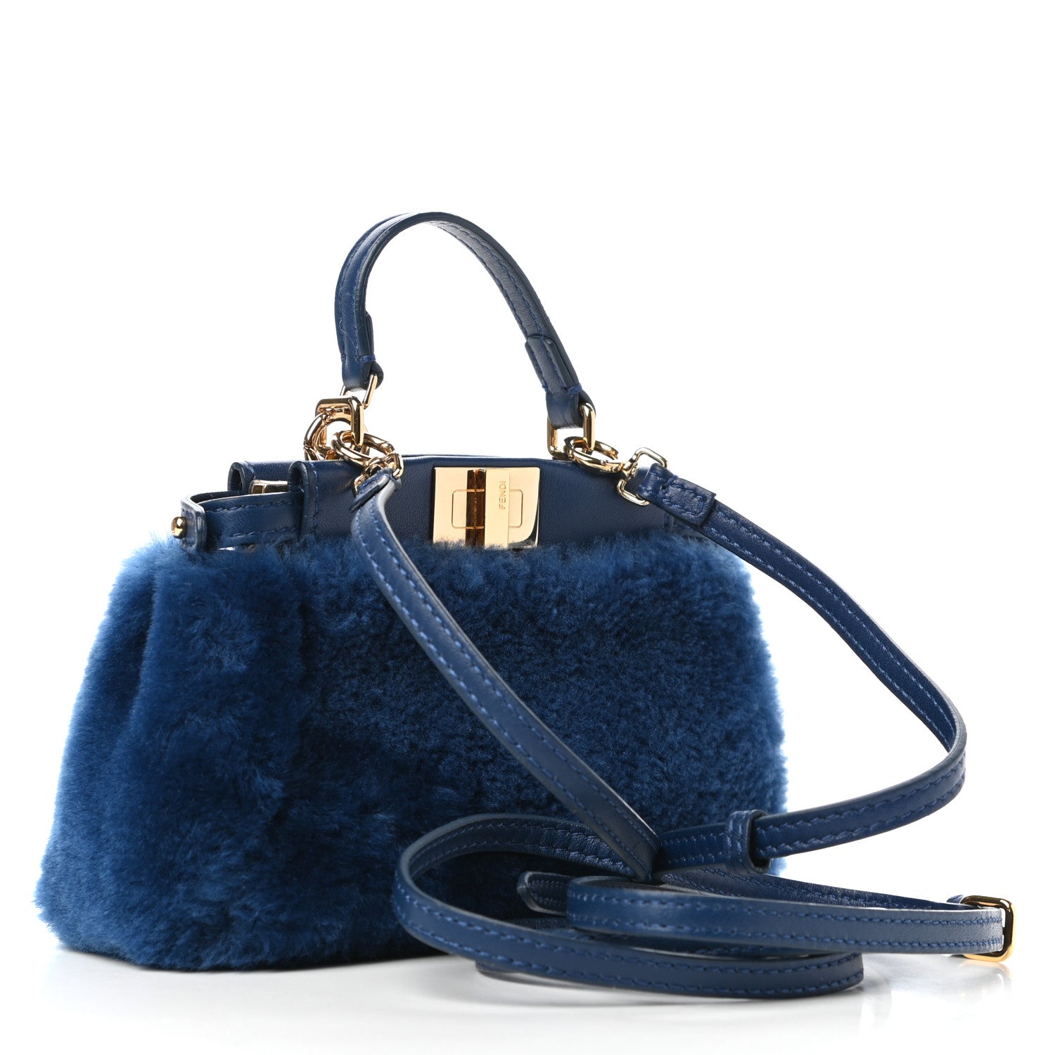 Fendi Shearling Shiny Nappa Micro Peekaboo Iconic Satchel Blue 3 of 9