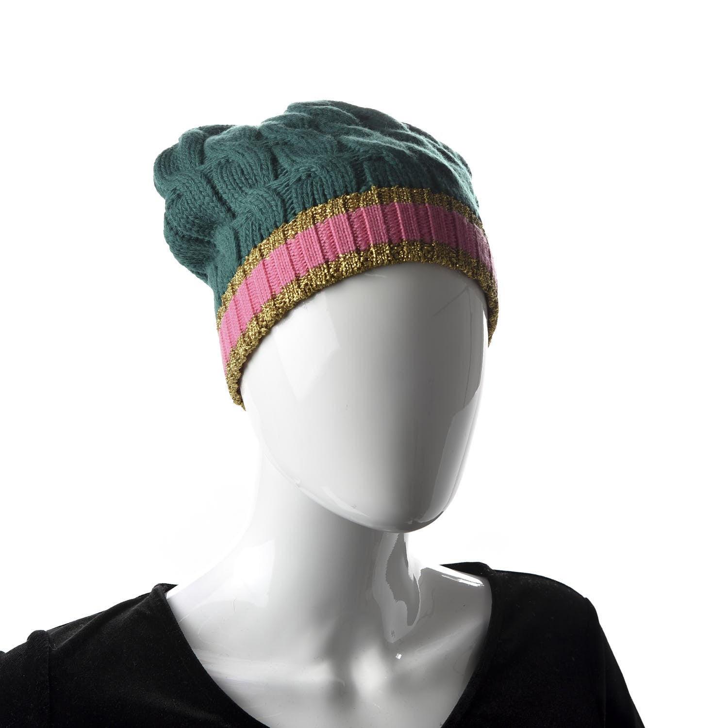 Gucci Wool Cashmere Polyamide Cable Knit Bonhate Beanie Hat M Grass Green Pink 2 of 4