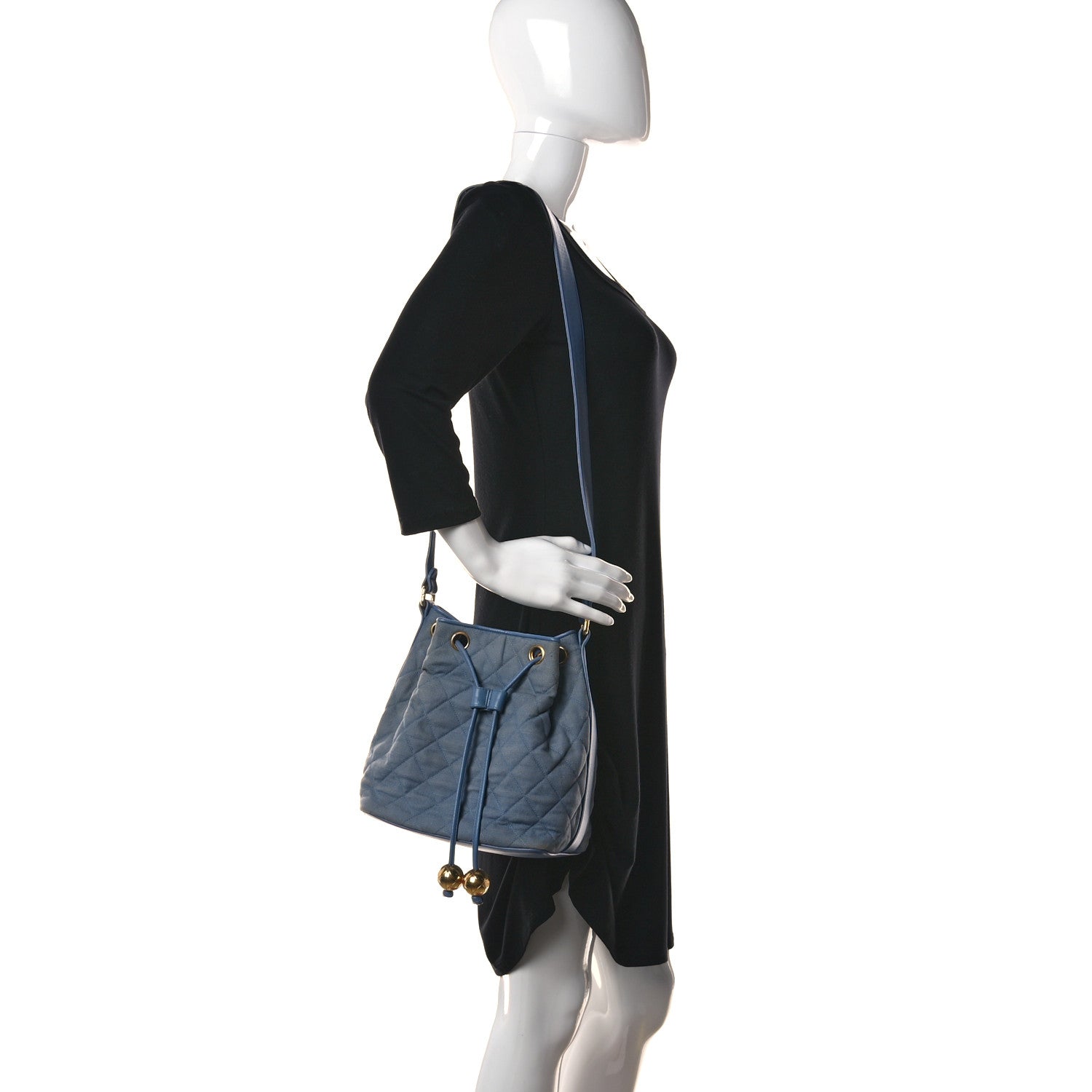 Chanel Canvas Quilted CC Drawstring Bucket Bag Blue 3 of 31