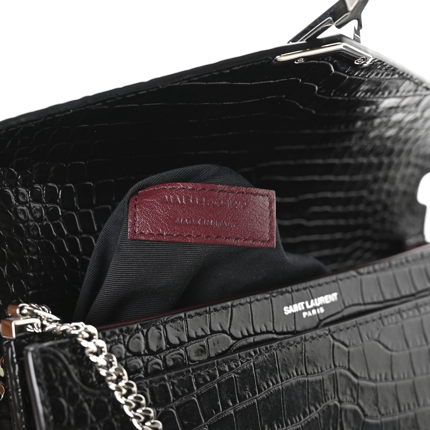 Saint Laurent Calfskin Crocodile Embossed Monogram Cassandra Clasp Bag Black Rouge Legion 7 of 10