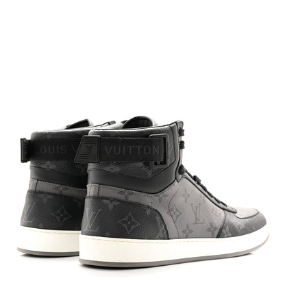 Louis Vuitton Calfskin Monogram Eclipse Mens Rivoli High Top Sneakers 9 Black Grey 4 of 12