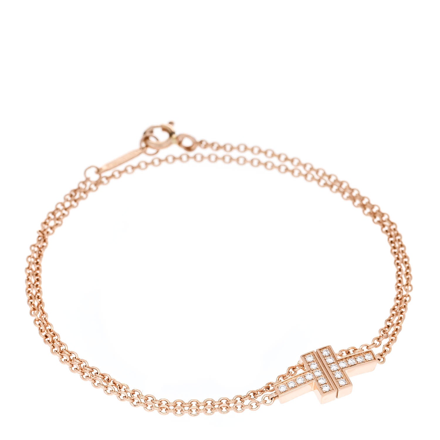 Tiffany 18K Rose Gold Diamond T Double Chain Bracelet 1 of 4
