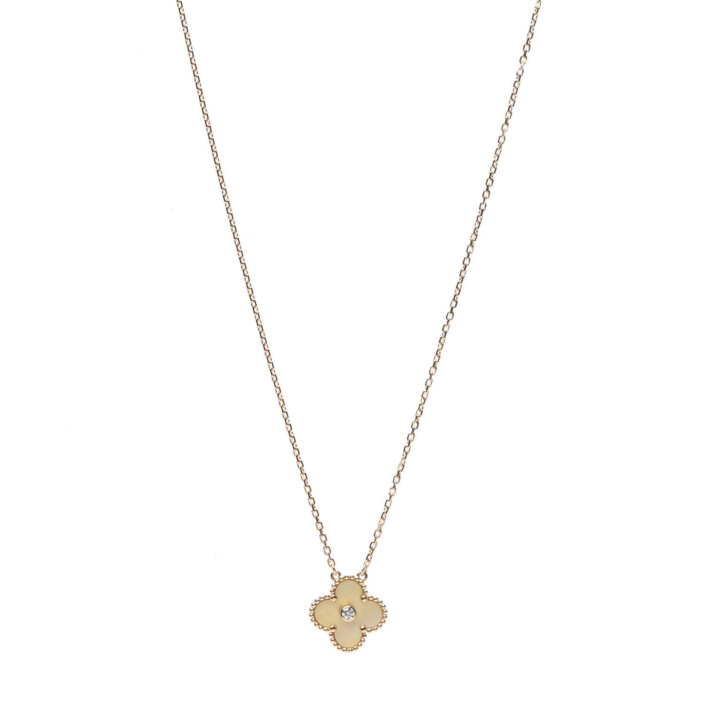 18K Yellow Gold Diamond Yellow Mother of Pearl Vintage Alhambra Pendant Necklace