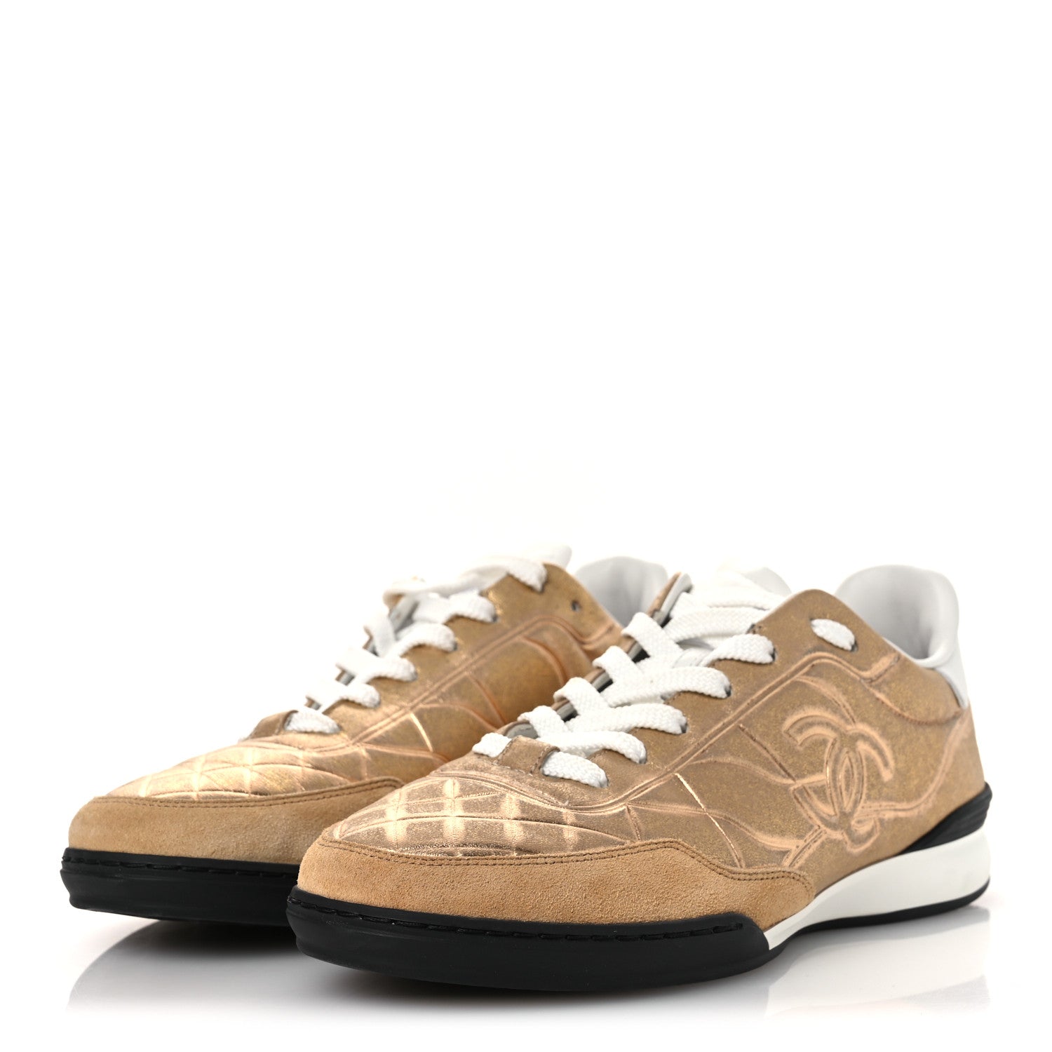 Chanel Laminated Calfskin Suede Quilted Womens CC Sneakers 39 Gold 4 of 11