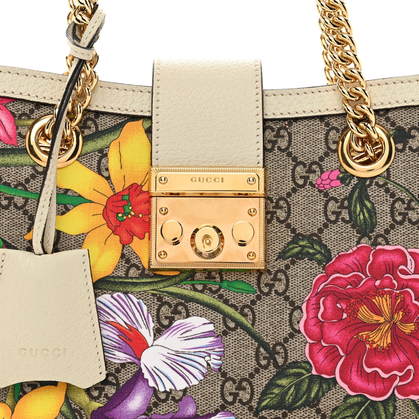 GG Supreme Monogram Flora Textured Calfskin Small Padlock Tote Beige Ebony Multicolor Mystic White