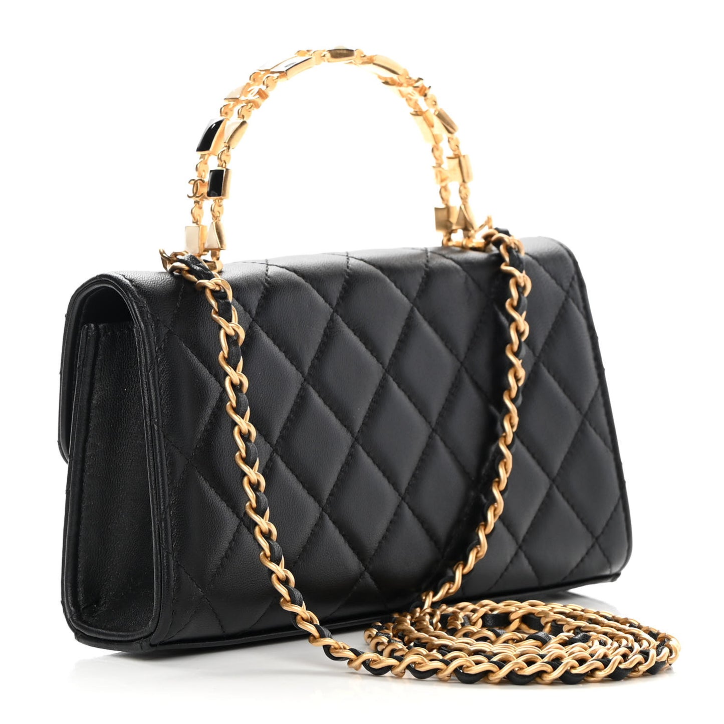 Lambskin Enamel Quilted Top Handle Flap Phone Holder With Chain Black
