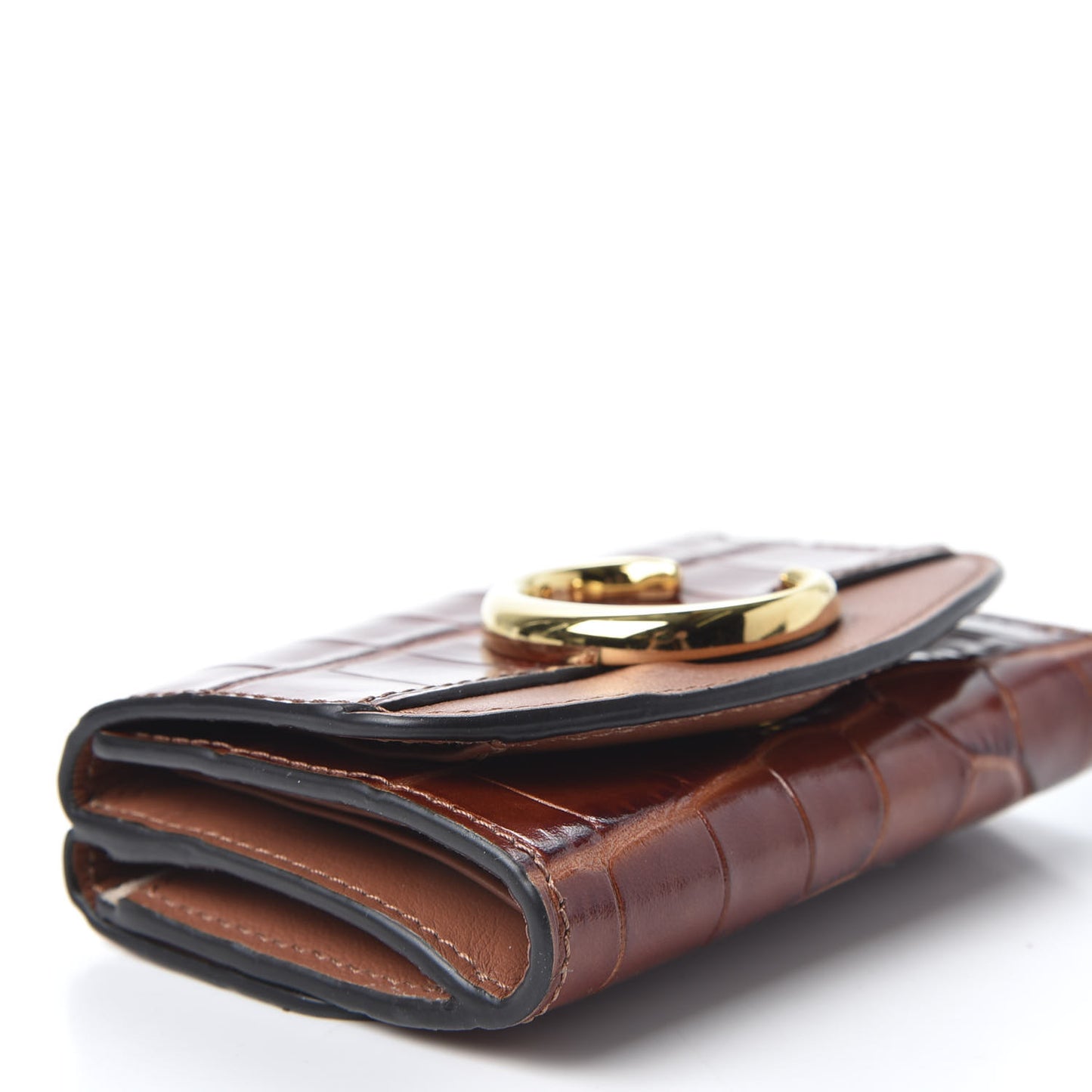 Crocodile Embossed Shiny Calfskin Small C Tri-Fold Wallet Chestnut Brown