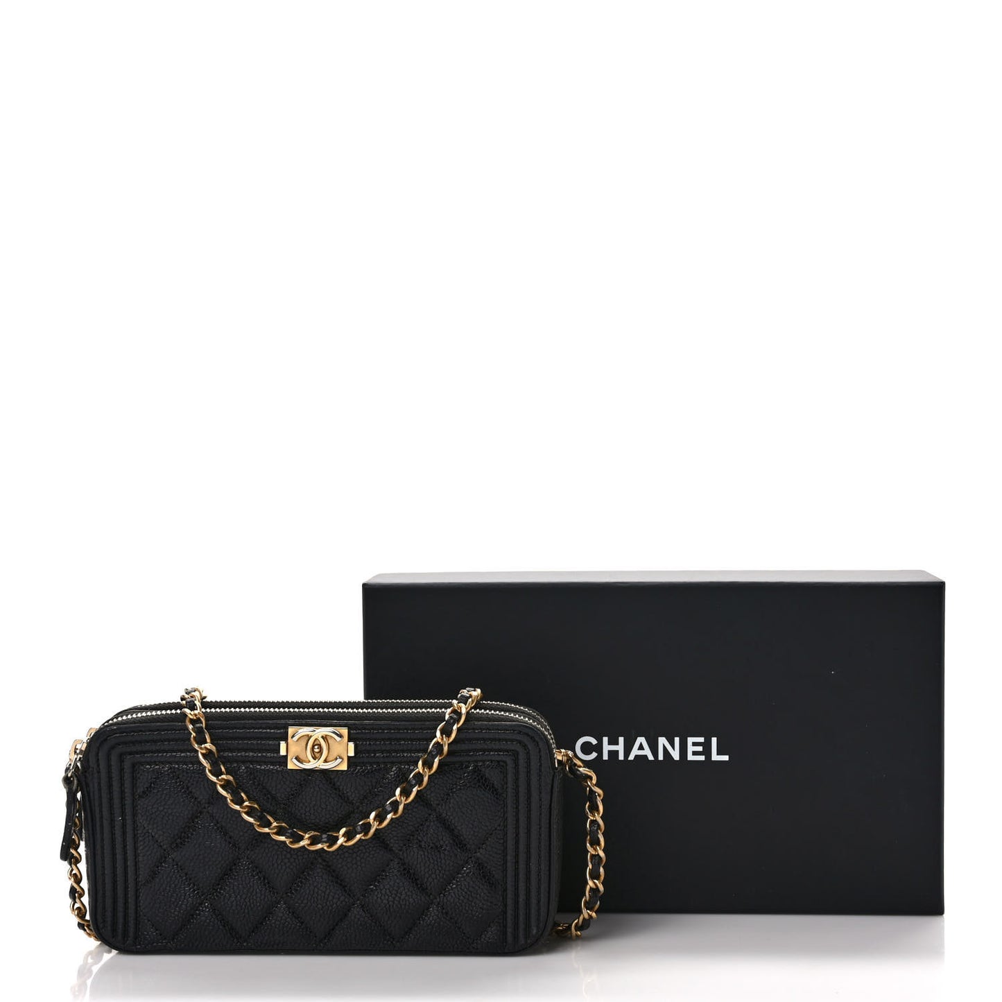 Caviar Quilted Small Boy Clutch With Chain Black